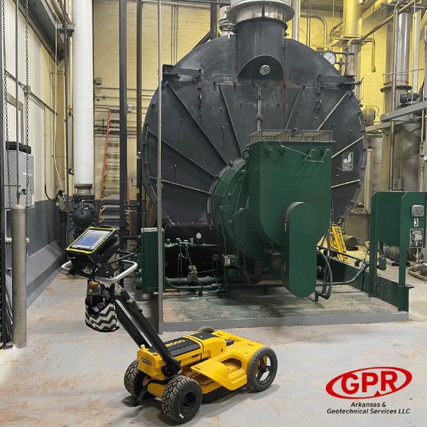 Image of one of the industries that use GPR, showing a GPR unit in front of a water main. 