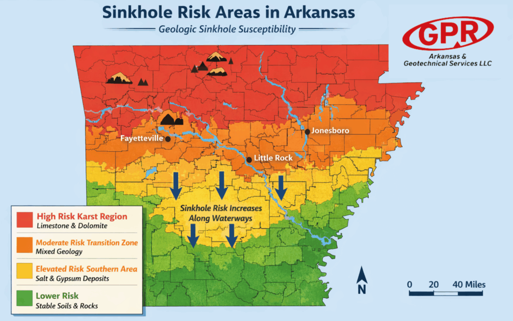 Map showing the sinkhole risk areas in the state of Arkansas. 